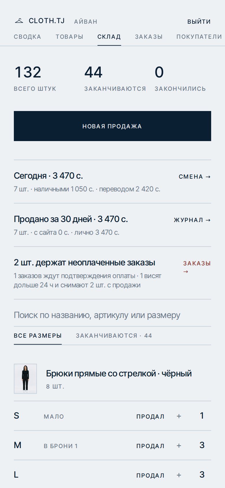 Остатки по каждому размеру
